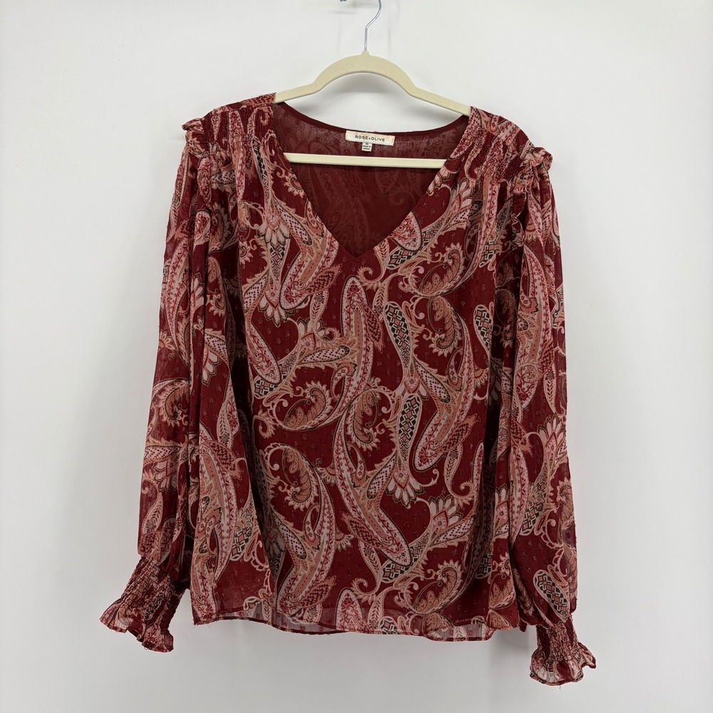 Rose + Olive Womens XL Burgundy Paisley V-Neck Blouse Metallic Clip Dot Smocked